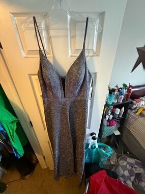 Dave & Johnny Silver Sparkle Plunge Prom Dress